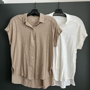 Majestic Filatures Stretch Linen S/S Shirt With Rolled Cuff - Taupe & White (2)